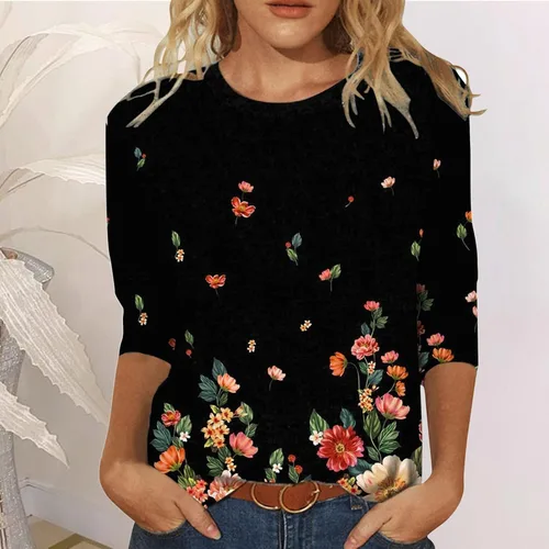 Vista 2 de SERYU Camisas de manga 34 para mujer, cuello redondo, estampado floral, casual, holgada, blusas de moda