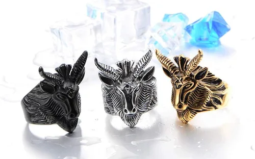 Vista 2 de HIJONES Anillo de motociclista de acero inoxidable para hombre, estilo baphomet, cuerno de cabra de satán, estilo baphom