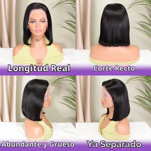 Vista 3 de Peluca Bob de pelo humano 13x4 encaje frontal HD estilo Bob corta y recta con parte lateral para mujeres negras, pelo humano prearrancado, sin De