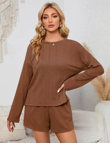 Vista 4 de MISSKY Conjunto de pijama de 2 piezas para mujer, camiseta de punto acanalado de manga larga y pantalones cortos, conjunto de pijama con bolsillos