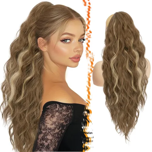 Vista 23 de BARSDAR Extensión de cola de caballo resaltada - 20 pulgadas de extensión de cola de caballo rizada y ondulada con cordón para mujeres - Extensiones