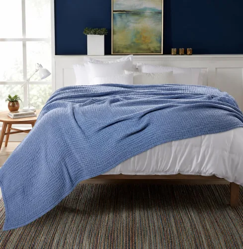 Vista 2 de HILLFAIR Manta 100% algodón peinado, manta para cama individual, suave, acogedora, cálida, multiusos para decoración del hogar de lujo, 66 x 90 Azul