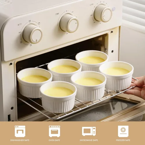 Vista 3 de Dafuceramic Ramequines con tapas, de 8 onzas, color blanco, creme Brulee, moldes de cerámica aptos para horno, juego de 6 natillas de porcelana