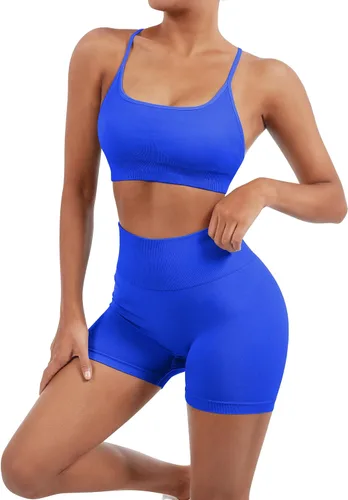 Vista 4 de SUUKSESS Conjuntos de entrenamiento sin costuras para mujer, sujetador deportivo con tiras y cintura alta, pantalones cortos