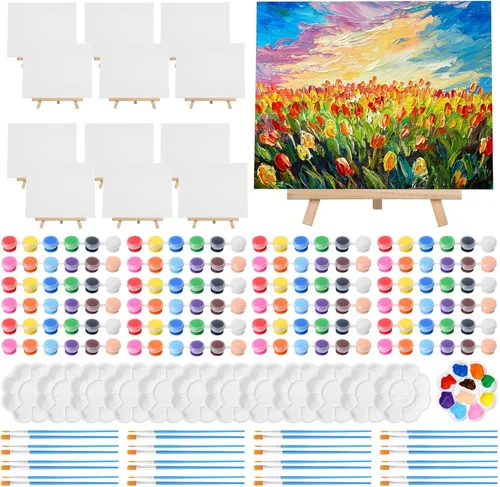 Vista 7 de Qilery Juego de 12 piezas de pintura en lienzo, mini lienzo con caballetes de madera, tiras de pinturas acrílicas, pinceles, paleta, juego de arte