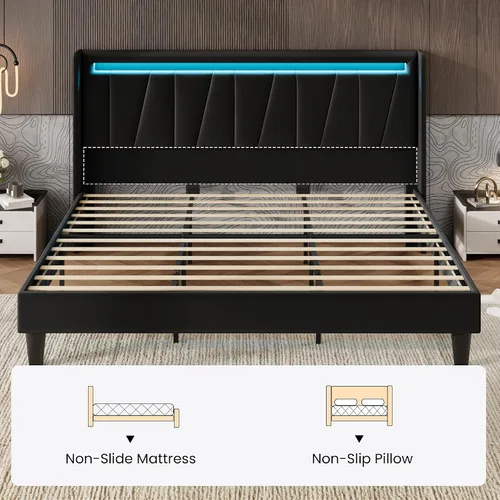 Vista 3 de SHA CERLIN - Base de cama tamaño King con estación de carga y luces LED, cama moderna de plataforma de terciopelo con cabecera tapizada geométrica