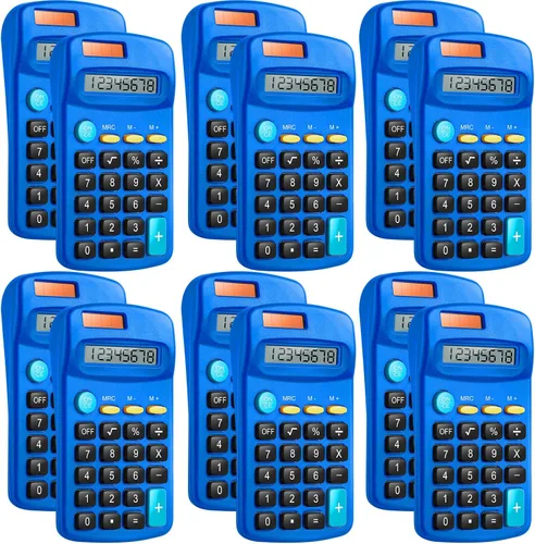 Vista 10 de Paquete de 12 mini calculadoras básicas de tamaño de bolsillo para estudiantes en ángulo de mano, pantalla de 8 dígitos, batería solar, calculadora