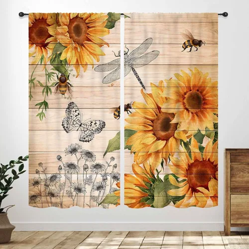Vista 31 de Cortinas infantiles de abejas, cortinas de campo de primavera de acuarela de girasoles florales de nido de abeja, adorables abejas, cortinas