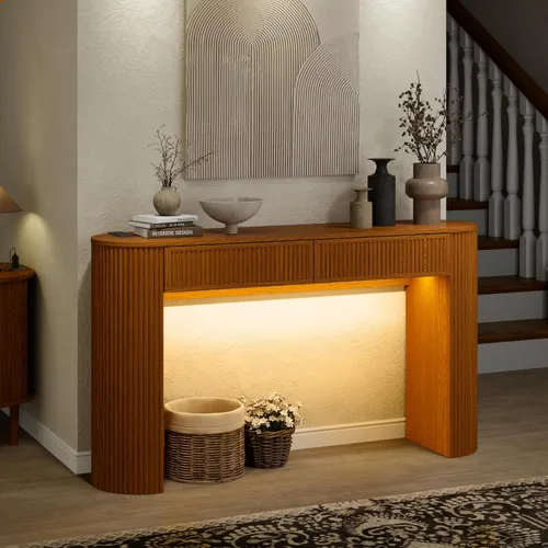 Vista 6 de Mesa consola acanalada de 55 pulgadas con 2 cajones y luces LED, mesas de entrada con estación de carga, mesa de sofá estrecha detrás del sofá, mesa