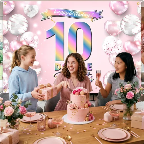 Vista 6 de Cartel de feliz cumpleaños número 10, telón de fondo de arcoíris degradado de doble dígito, fondo rosa de 10 años, decoraciones de cumpleaños