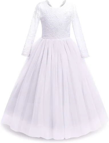 Vista 4 de Iwemek - Vestido largo y ampón con encaje floral de estilo clásico, para bodas, bailes, primeras comuniones y concursos de belleza