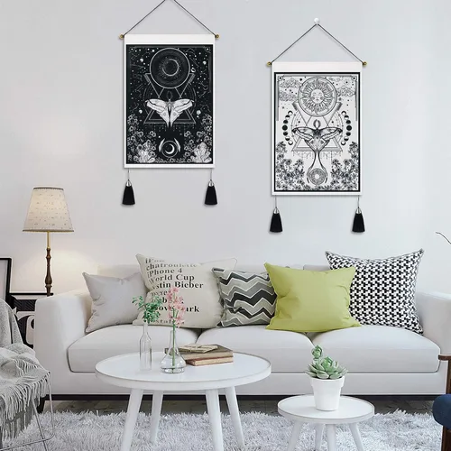 Vista 2 de Paquete de 2 tapices de sol y luna, tapiz blanco y negro con diseño de vid de flores, para colgar en la pared para habitación (13.8 x 19.7 pulgadas)