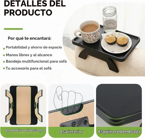 Vista 5 de Mesa de Brazo de Sofá SINWANT, Bandeja de Brazo de Sofá de Bambú para Respaldo, Bandeja con Clip de 13.78" para Sofá para Sala de Estar, Snack