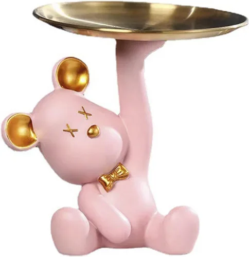 Vista 12 de Escultura de oso de dibujos animados de resina con bandeja de metal, bandeja de almacenamiento de figuras de animales, bandeja de almacenamiento