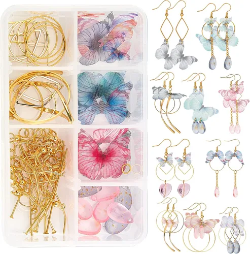 Vista 11 de SUNNYCLUE 1 caja de bricolaje 10 pares de dijes de alas de mariposa de hada, kits de fabricación de aretes de tela de organza, dijes de mariposas