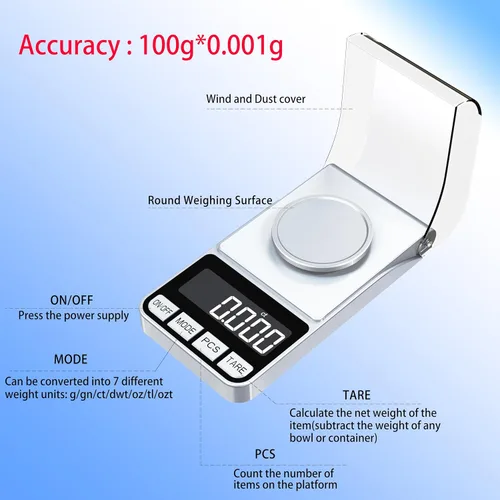 Vista 5 de Báscula digital de miligramos de alta precisión recargable de 3.53 oz/0.00 oz, escala de gramos, báscula de bolsillo, báscula de alimentos