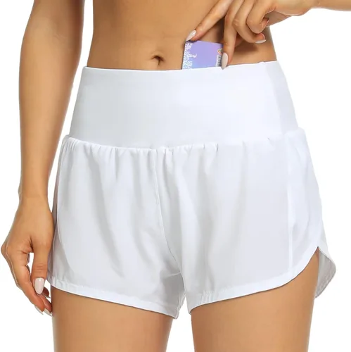 Vista 3 de Haowind Pantalones cortos para correr para mujer con bolsillos, cintura alta, pantalones deportivos atléticos, de secado rápido, pantalones cortos