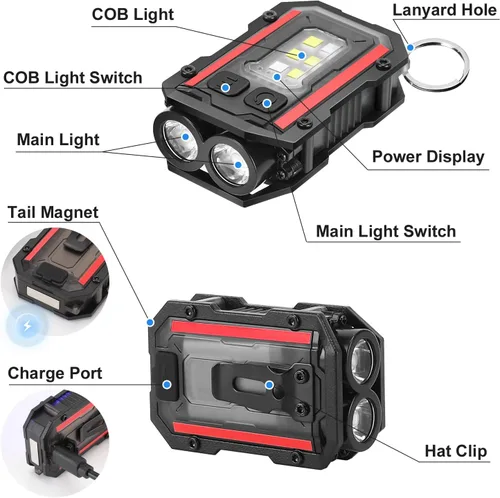 Vista 2 de SUNPRO Llavero Mini linterna con clip, luz de bolsillo de 8 modos, luz lateral COB roja y azul, recargable tipo C para senderismo, camping