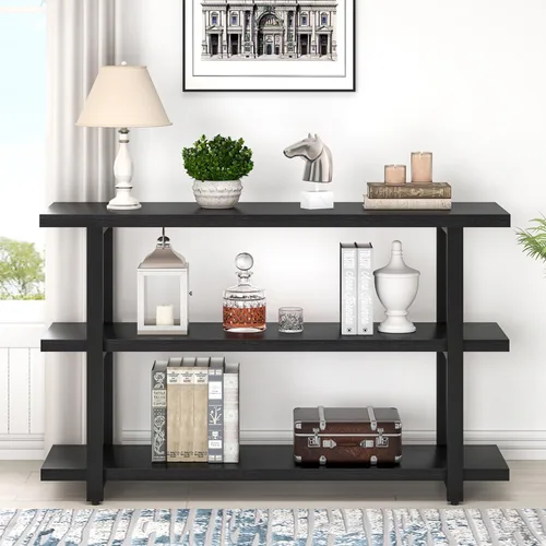 Vista 7 de FOLUBAN Mesa de entrada negra, mesas consola modernas con estantes de almacenamiento de 3 niveles para sala de estar, mesa de sofá de madera y metal
