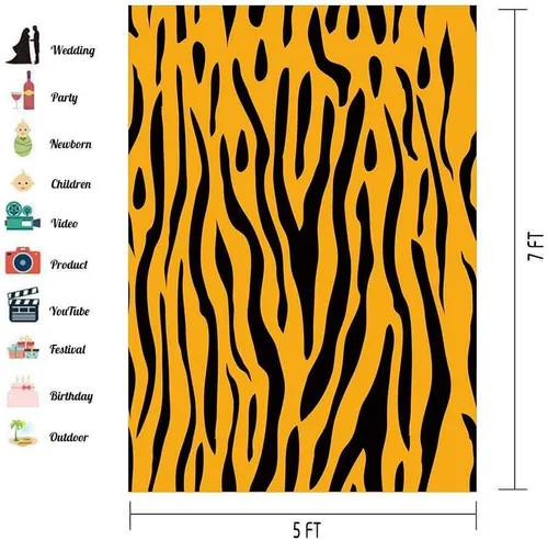 Vista 2 de EOA Telón de fondo amarillo con estampado de tigre de 5 pulgadas de ancho x 7 pies de alto, rayas negras, fondo de fotografía de animales