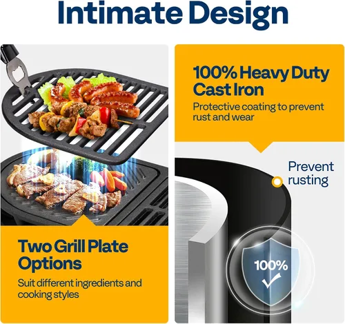 Vista 3 de VIVOHOME Parrilla ovalada de hierro fundido con rejillas intercambiables y plancha, 2 puertas de horno para control de calor, incluye guantes, póker