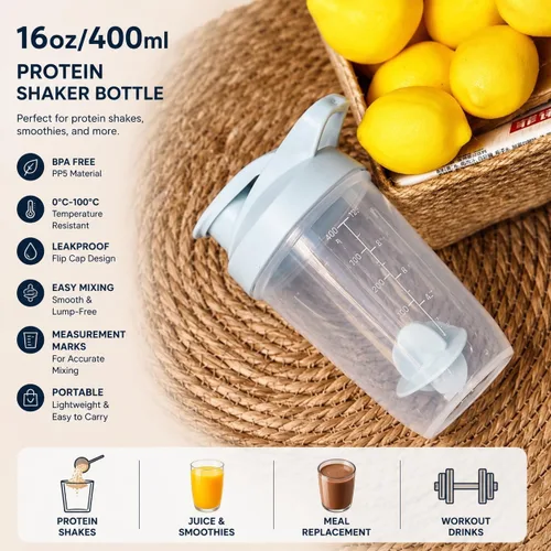Vista 3 de ChezMax Shaker Bottle for Protein Powder (BPA free),PP5 Leakproof Mixer Cup with Built-In Mixing Blade, Portable Workout Shaker for Protein