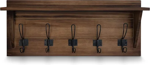 Vista 7 de HBCY Creations Perchero de pared de madera maciza color marrón rústico con estante, 5 ganchos, 24 pulgadas de largo, cocina, vestíbulo, entrada