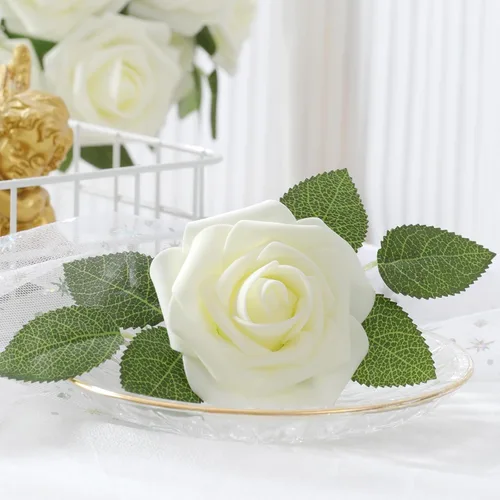 Vista 4 de DerBlue 60 rosas artificiales de aspecto real, rosas artificiales de espuma para decoración de bodas, arreglos, fiestas, decoración del hogar Blanco