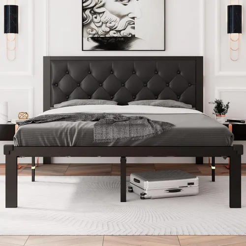 Vista 9 de Feonase Marco de cama de metal tamaño doble con cabecera capitoné de cuero sintético con botones, marco de cama tipo plataforma resistente