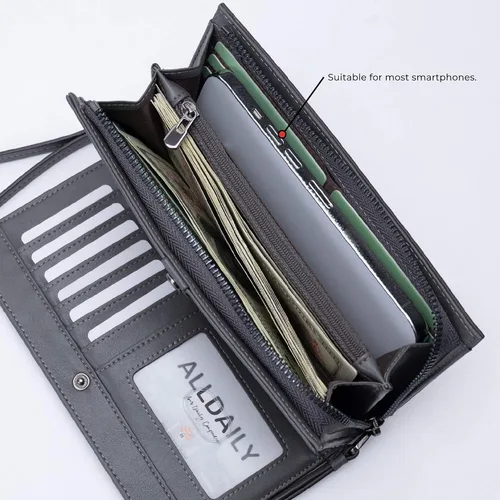 Vista 5 de Alldialy RFID 24 - Cartera para tarjetas de crédito, cartera de pulsera de gran capacidad para mujer con cremallera, Gris