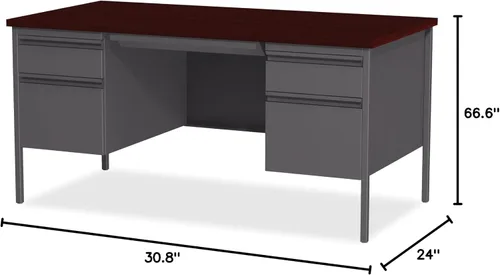 Vista 3 de Lorell Fortress - Escritorio con pedestal doble, 30 x 60 x 29.5 pulgadas, base de acero gris con parte superior laminada de caoba