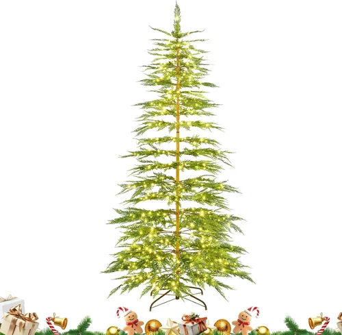Vista 22 de HAPPYGRILL - Árbol de Navidad artificial preiluminado de 2.1 m, árbol de Navidad con nieve flocada y 320 luces LED multicolor, 8 modos de Snow Pe