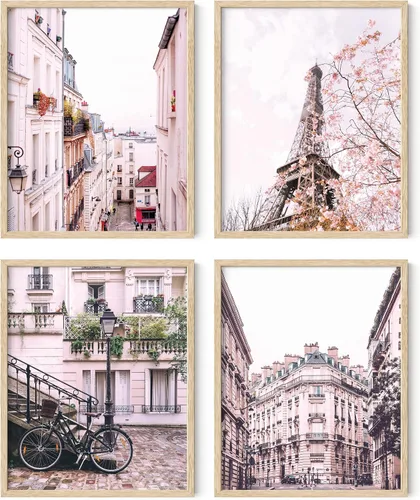 Vista 9 de HAUS AND HUES Decoración de pared de París rosa, juego de 4 impresiones artísticas de París, decoración estética de París para dormitorio o baño