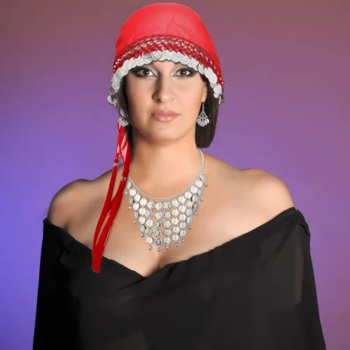 Vista 6 de Kigeli Disfraz gitano de 4 piezas para mujer, accesorios de adivinos, para Halloween, danza del vientre, bufanda de cadera, bufanda de cabeza gitana