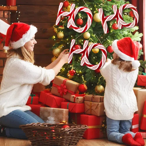 Vista 4 de Ho Ho Ho - 3 adornos para árbol de Navidad de 13.8 pulgadas con costuras de caramelo de menta roja y verde, adorno colgante de Navidad, corona