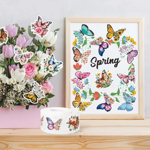 Vista 6 de Whaline 1000 calcomanías de flores de mariposa, rollo floral de primavera, 16 diseños, acuarela, autoadhesivas, calcomanías decorativas para sobres