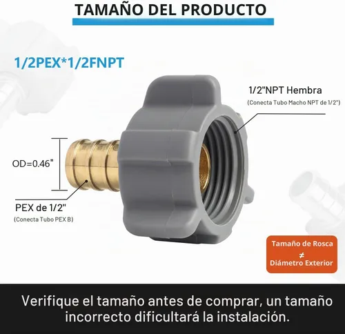 Vista 2 de WiseWater Juego de 4 adaptadores giratorios PEX de 1/2" x 1/2" FNPT para agua potable, accesorios de latón DZR sin plomo con anillos de crimpado