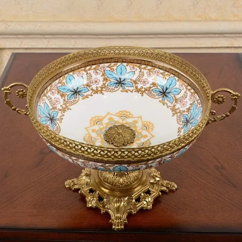 Vista 2 de Cerámica con placa de fruta de cobre Sala de estar americana Decoración de mesa de centro Francés Hogar Retro Plato de frutas secas Plato de fruta