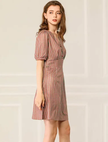 Vista 2 de Allegra K Mini vestido de mujer con mangas de linterna con cuello en V y botón de decoración en una línea