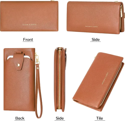 Vista 2 de Cartera para mujer, cartera de mano con soporte para teléfono, tarjetero grande de cuero vegano suave, Casual