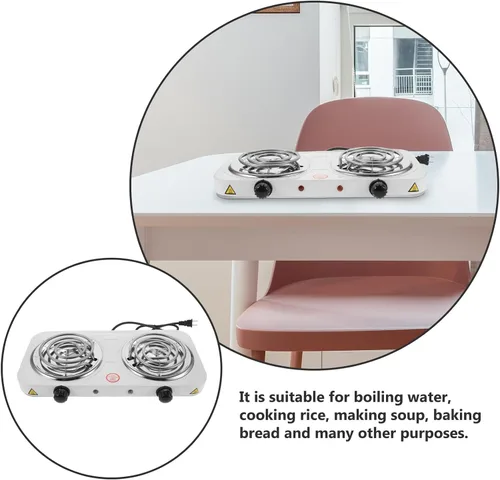 Vista 8 de Estufa eléctrica de doble quemador para encimera, placas calientes de bobina de acero inoxidable con protección contra sobrecalentamiento y fugas