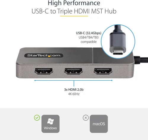 Vista 3 de StarTech USB-C a Triple HDMI MST Hub, 4K 60Hz, HDR, DSC, audio de 2 canales 3-port USB-C to HDMI splitter, Laptop display extender, HDCP 2.2, USB