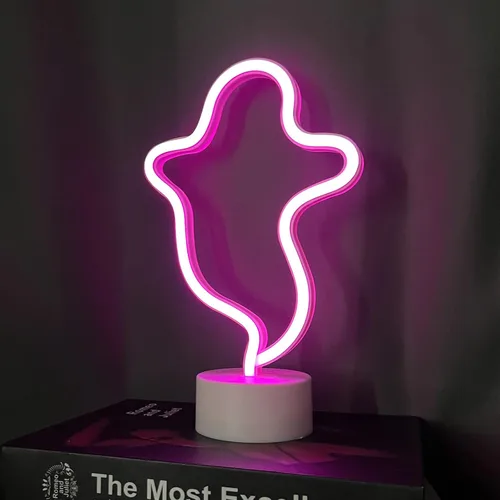 Vista 6 de Señal de neón fantasma de Halloween con base, señal de luz LED, lámpara en forma de fantasma alimentada por batería o USB para decoración de fiesta
