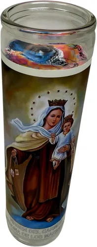Vista 3 de Virgen del Carmen veladora de rezo sin fragancia 14 oz Vaso Grande UNA pieza Vela de oración de una pieza 14 oz de vidrio alto oración al reverso