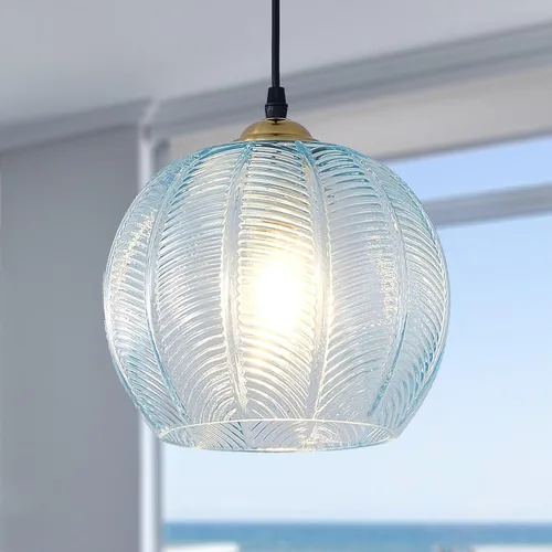 Vista 8 de Lámpara Colgante de Cristal Verde, Iluminación Colgante de Globo Grande Individual de 9.8 Pulgadas Nórdica Acanalada para Techo Colgante, Lámpara