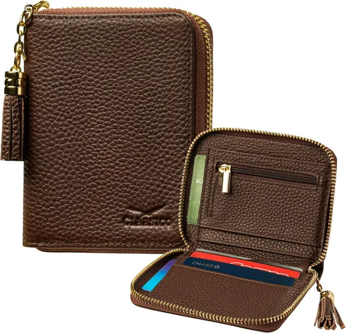 Vista 13 de Claasico Cartera Bifold para mujer con bloqueo RFID Cartera de piel auténtica con cremallera y bolsillo para monedas para mujer Elegante soporte