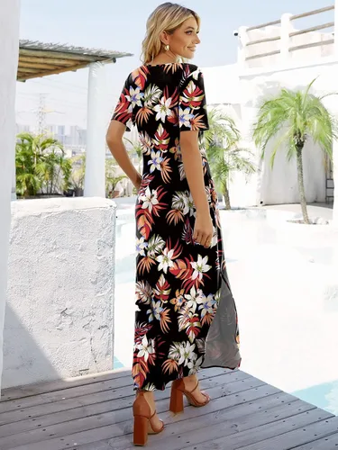 Vista 3 de Vestido largo casual suelto de manga corta con cuello en V para mujer, vestido largo con abertura, vestido de playa de verano con bolsillos