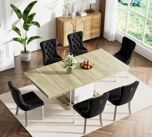 Vista 76 de Juego de mesa de comedor extensible marrón de 63 a 78.74 pulgadas para 4, juego de mesa de comedor de 5 piezas con 4 sillas, mesa de cocina