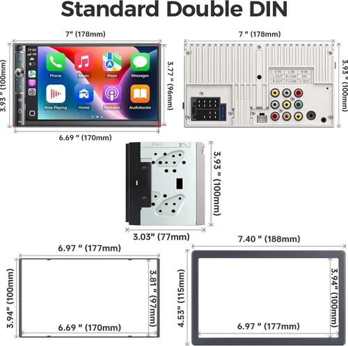 Vista 7 de Estéreo de auto doble DIN con pantalla táctil HD de 7 pulgadas, Apple Carplay inalámbrico y Android Auto, Bluetooth, 240W, SWC, salida de subwoofer