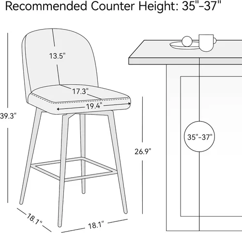 Vista 9 de Taburetes de bar giratorios de altura de mostrador, 26 pulgadas de altura del asiento, juego de 2, gris retro Modern Leather Upholstered Barstools
